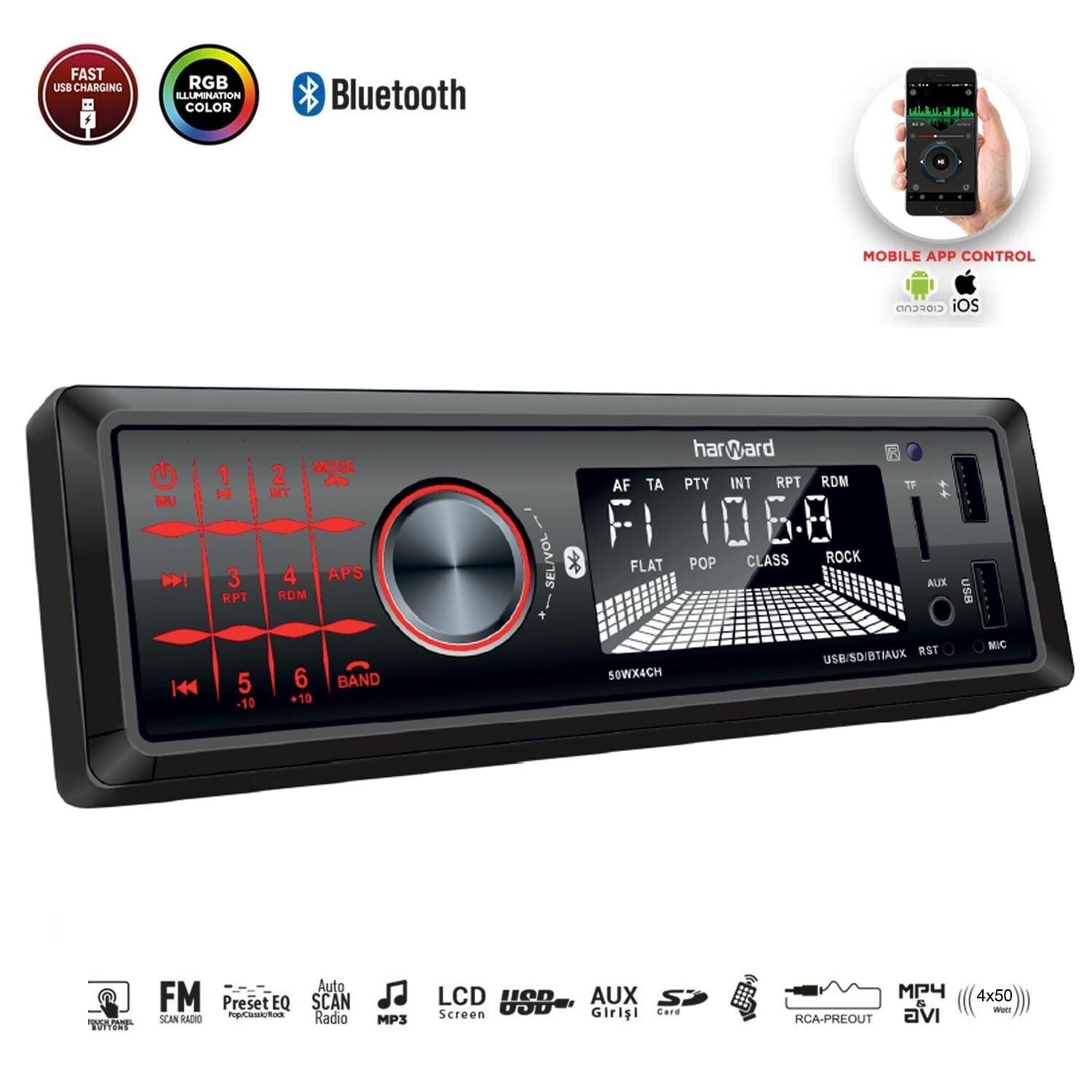 HARWARD HR-MX653 Oto Teyp 4X50 Watt Bluetooth Mobil Aplikasyon 2xUsb Sd Fm Aux