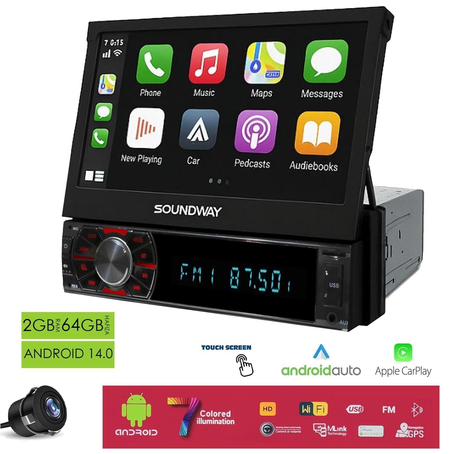SOUNDWAY SW-10600 Android İndash Teyp 7 İnç 2+64GB Android 14 BT USB SD HD FM Mirrorlink Carplay