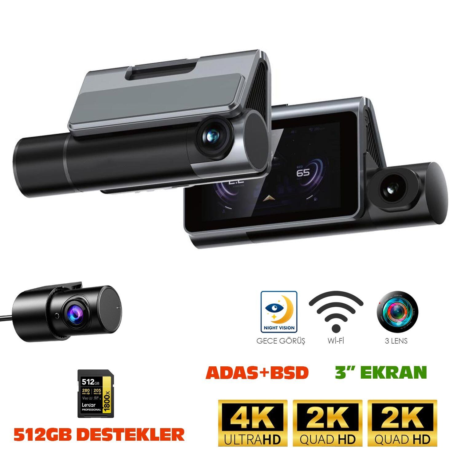 Navimex DVR-413 3'' Araç İçi Kamerası Dvr Wi-Fi Lcd Ekranlı Gece Görüşlü Adas+Bsd 3 Kameralı 4K+2K+2K
