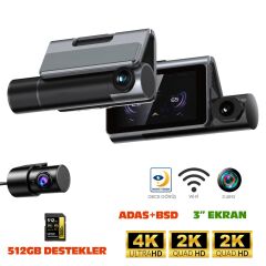 Navimex DVR-413 3'' Araç İçi Kamerası Dvr Wi-Fi Lcd Ekranlı Gece Görüşlü Adas+Bsd 3 Kameralı 4K+2K+2K