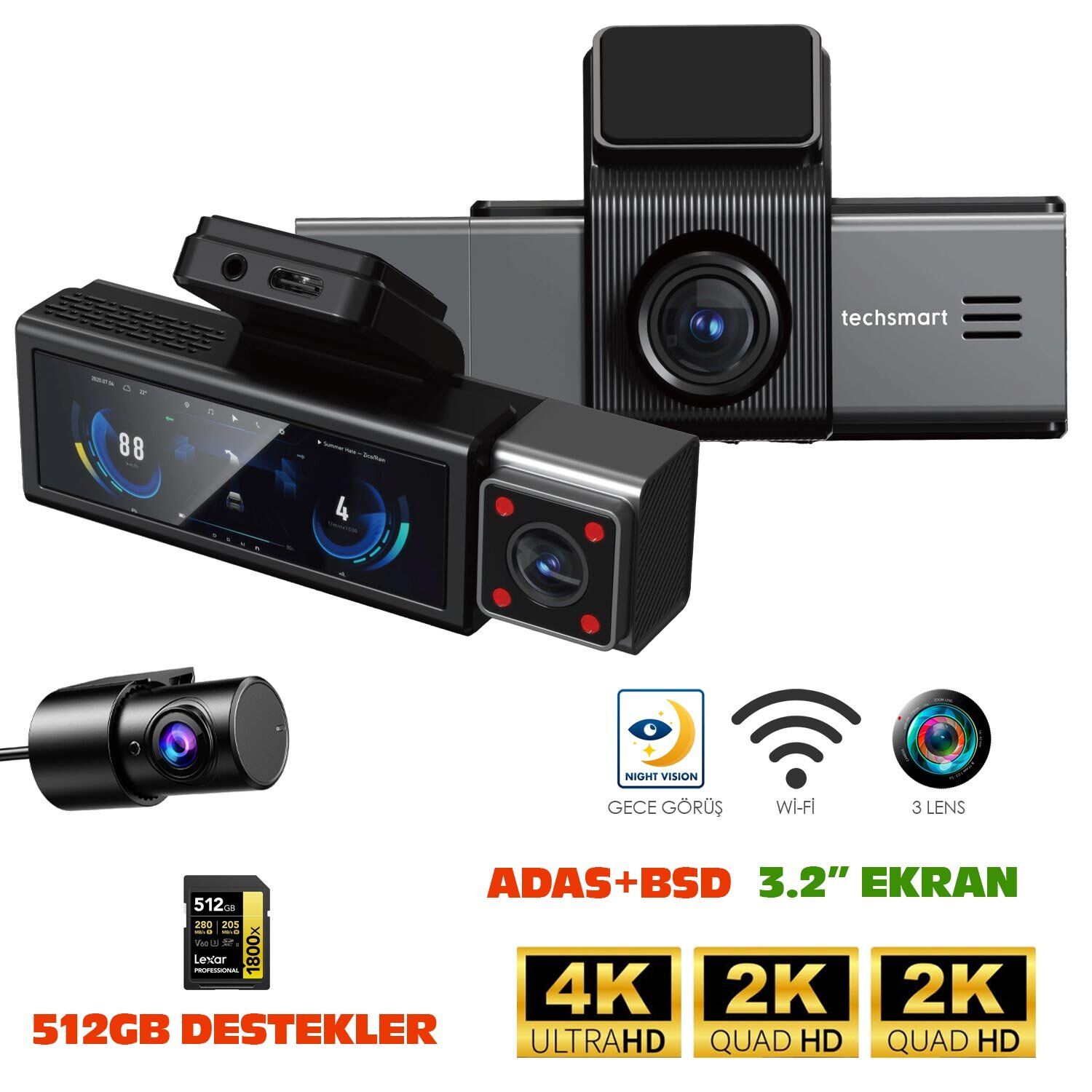 Navimex DVR-412 3.2'' Araç İçi Kamerası Dvr Wi-Fi Lcd Ekranlı Gece Görüşlü Adas+Bsd 3 Kameralı 4K+2K+2K