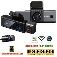 Navimex DVR-412 3.2'' Araç İçi Kamerası Dvr Wi-Fi Lcd Ekranlı Gece Görüşlü Adas+Bsd 3 Kameralı 4K+2K+2K