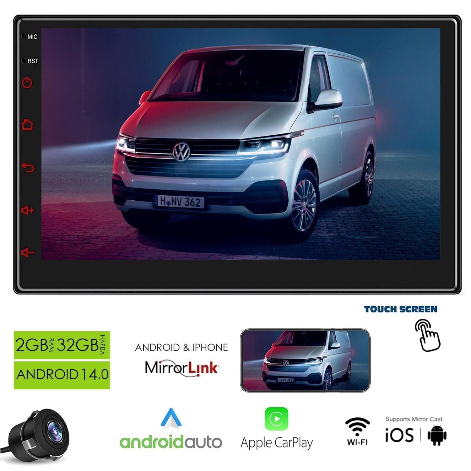 MEGAVOX MGX-702 Android Double Dın 7 İnç 2+32GB BT/USB/GPS/Radyo/IPS Ekran/Geri Görüş Kamerası