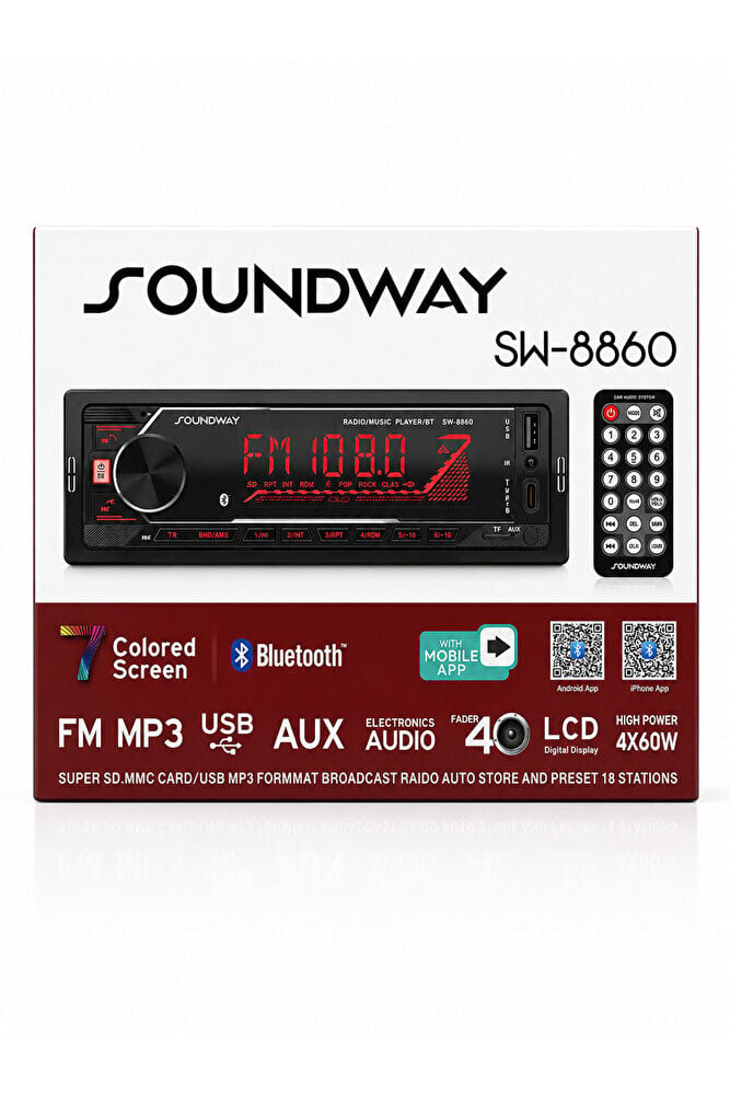 SOUNDWAY SW-8860 Araç Oto Teyp 4X60 Watt BT 2XUSB AUX FM APP Kontrol 7 Renk Ekranlı