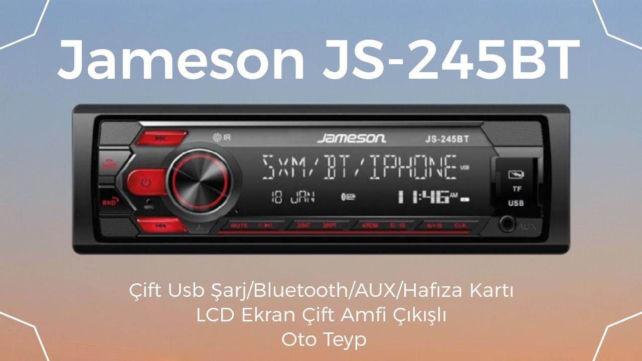Jameson JS-245BT Çift Usb Şarj/Bluetooth/AUX/Hafıza Kartı/lcd Ekran Çift Anfi Çıkışlı Oto Teyp
