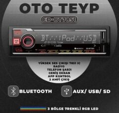 Edison ED-BT7851IC Oto Teyp MP3 Çalar/FM Radyo/USB/AUX/SD/BT/2 Amfi Çıkış/4*60W/APP Kontrol/Kumanda
