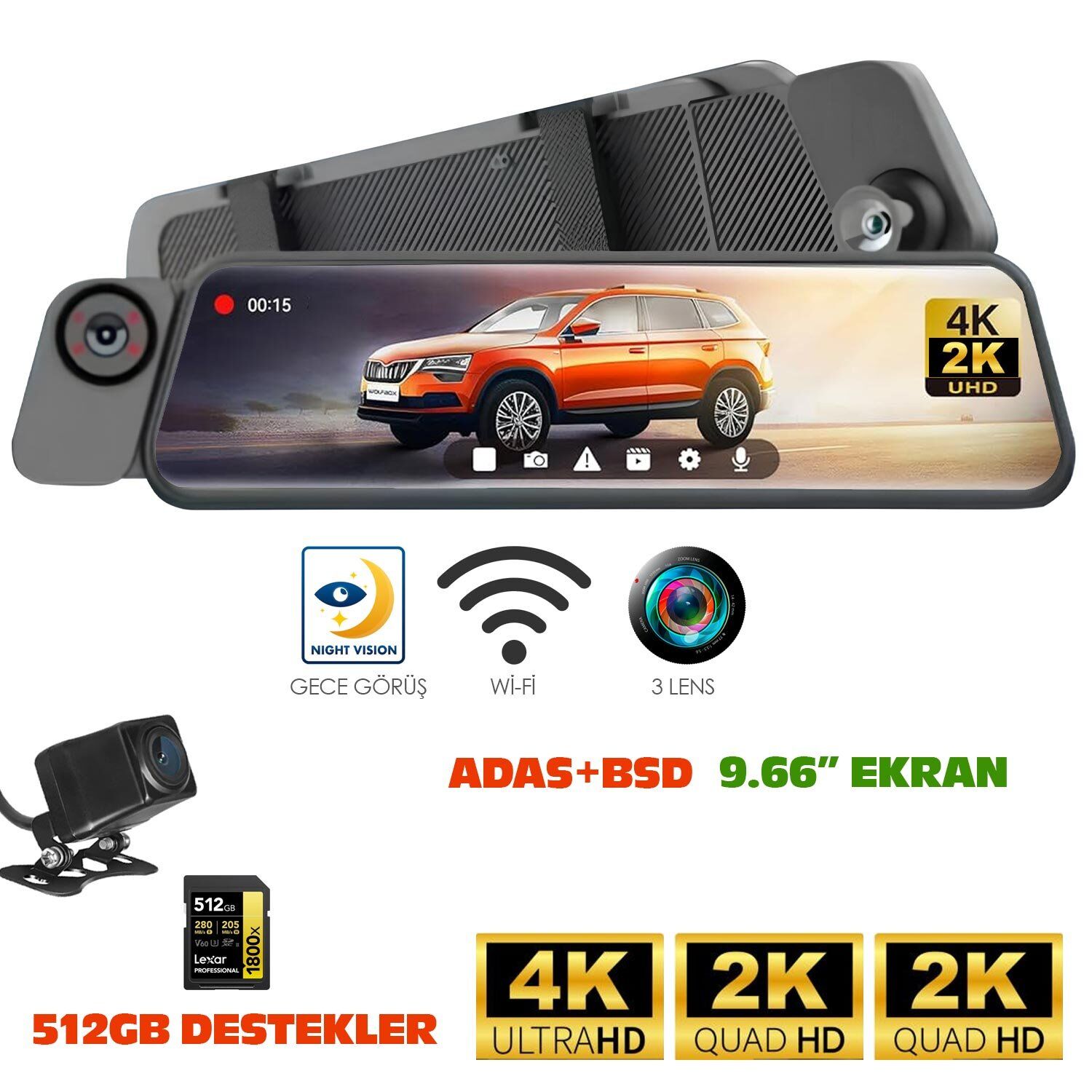 NAVİMEX DVR-414 9.66'' DVR Dikiz Aynalık Araç Kamerası Kayıtlı Adas+Bsd 3 Kameralı 4K+2K+2K